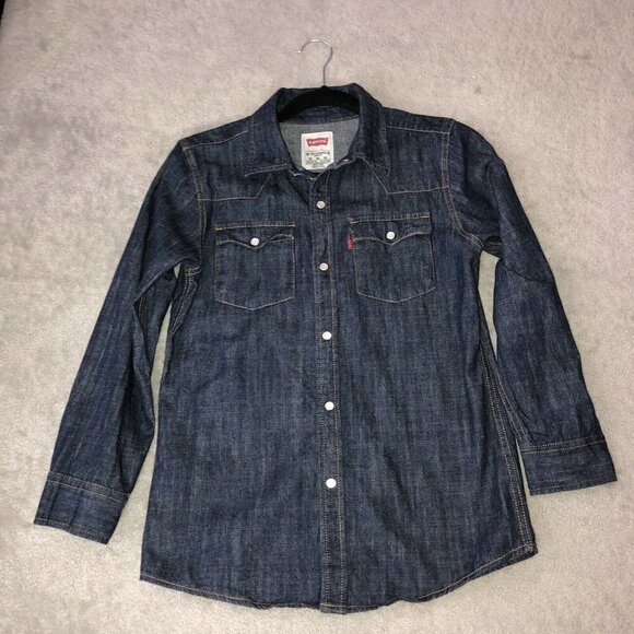 LEVIS Youth Western Dark Wash Denim Pearl Snap Long Sleeve Shirt Size M - Picture 3 of 11